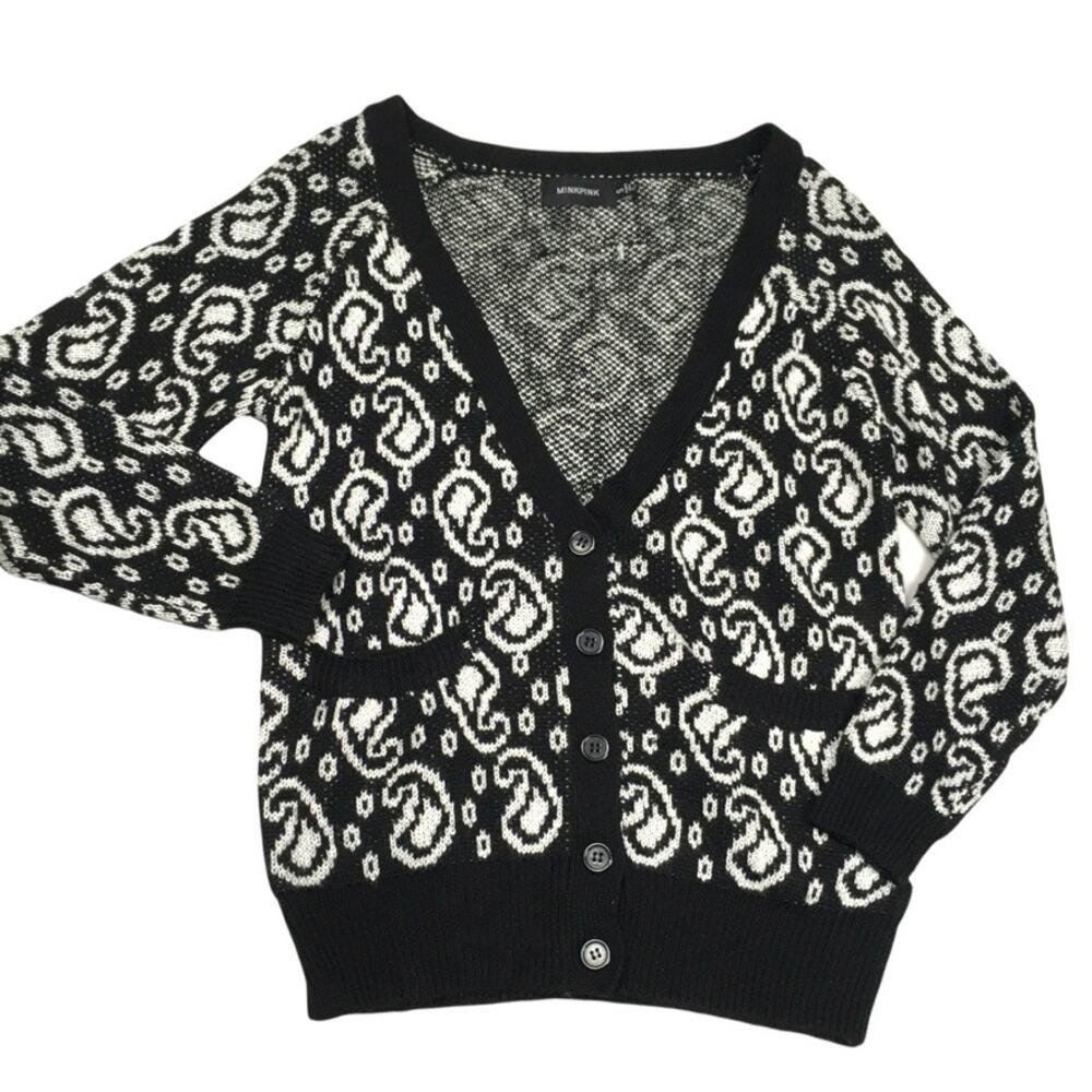 MinkPink‎ Sweater Paisley Pocket Cardigan Button Up Black White V-Neck Women's S